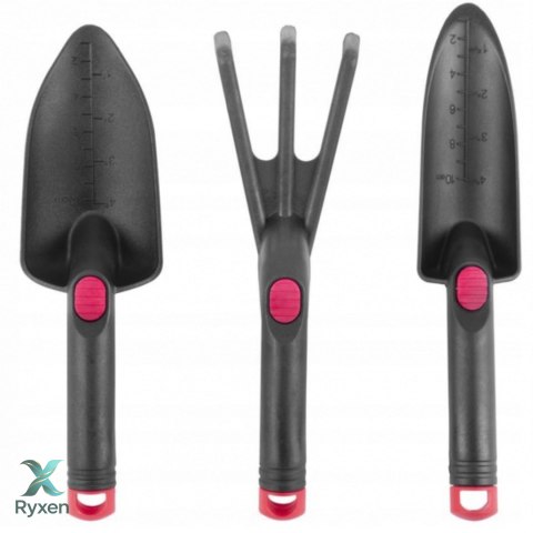 Zestaw narzędzi ogrodniczych, plastikowy, 3-częściowy, kultywator, łopatka szeroka 80x275 mm, łopatka wąska z miarką 60x300 mm KAMAI STRENDPRO