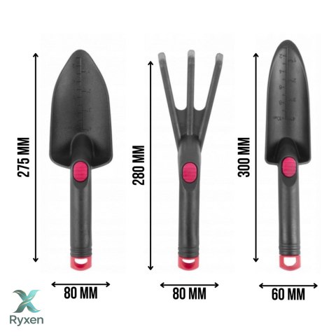 Zestaw narzędzi ogrodniczych, plastikowy, 3-częściowy, kultywator, łopatka szeroka 80x275 mm, łopatka wąska z miarką 60x300 mm KAMAI STRENDPRO
