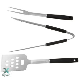 Zestaw przyborów do grillowania, 3-częściowy, stal nierdzewna, uchwyty plastikowe, łopatka, szczypce, widelec, srebrno-czarny KAMAI STRENDPRO