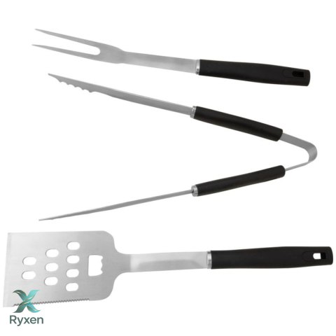 Zestaw przyborów do grillowania, 3-częściowy, stal nierdzewna, uchwyty plastikowe, łopatka, szczypce, widelec, srebrno-czarny KAMAI STRENDPRO