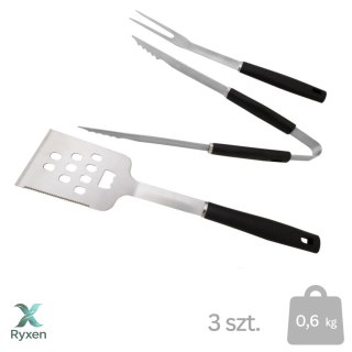 Zestaw przyborów do grillowania, 3-częściowy, stal nierdzewna, uchwyty plastikowe, łopatka, szczypce, widelec, srebrno-czarny KAMAI STRENDPRO