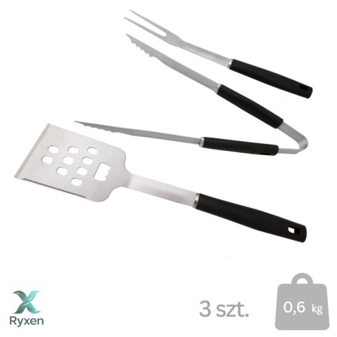 Zestaw przyborów do grillowania, 3-częściowy, stal nierdzewna, uchwyty plastikowe, łopatka, szczypce, widelec, srebrno-czarny KAMAI STRENDPRO