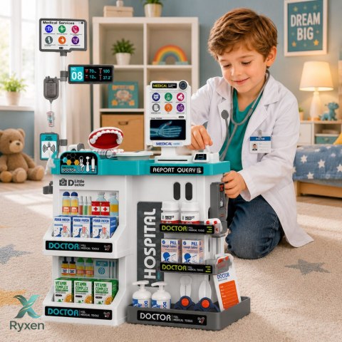 Duży Zestaw Lekarski Stolik Medyczny Doktor Światła Dźwięki Akcesoria 61el. LEAN TOYS