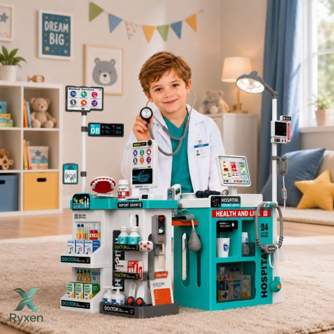 Duży Zestaw Lekarski Stolik Medyczny Doktor Światła Dźwięki Akcesoria 77el. LEAN TOYS