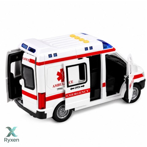 Karetka Pogotowia Ambulans Nosze Napęd Światła Dźwięki Biała 1:10 LEAN TOYS