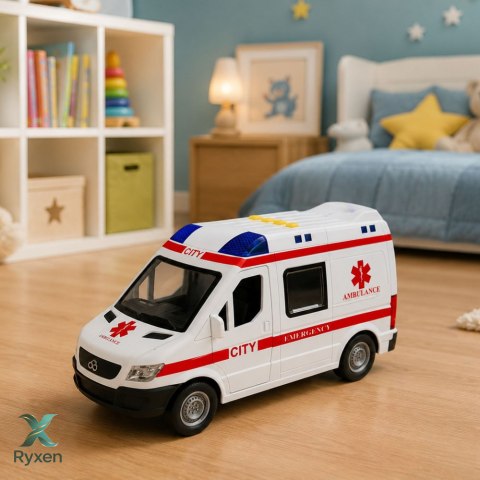 Karetka Pogotowia Ambulans Nosze Napęd Światła Dźwięki Biała 1:10 LEAN TOYS