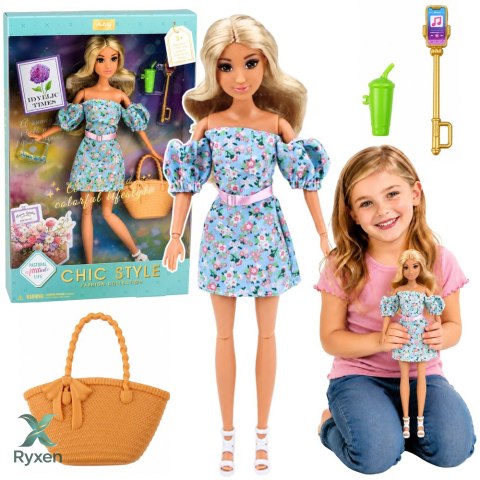 Lalka Anlily Fashion w Niebieskiej Sukience W Kwiaty Torba Akcesoria Zestaw LEAN TOYS