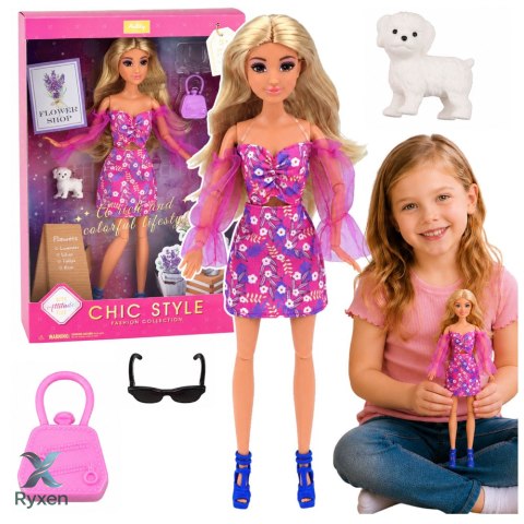Lalka Anlily Fashion w Różowej Sukience Piesek Biały Torebka Okulary Zestaw LEAN TOYS