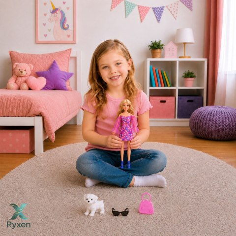 Lalka Anlily Fashion w Różowej Sukience Piesek Biały Torebka Okulary Zestaw LEAN TOYS