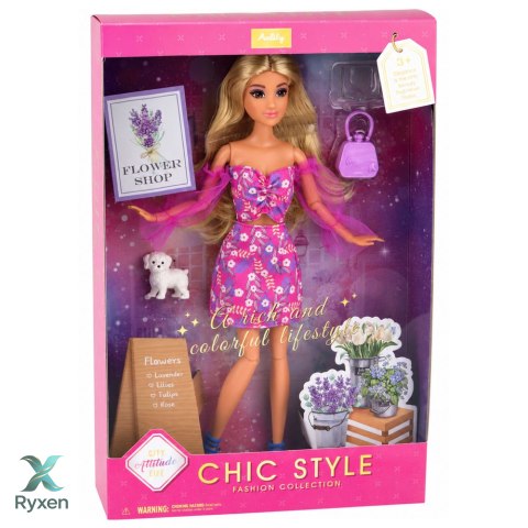 Lalka Anlily Fashion w Różowej Sukience Piesek Biały Torebka Okulary Zestaw LEAN TOYS