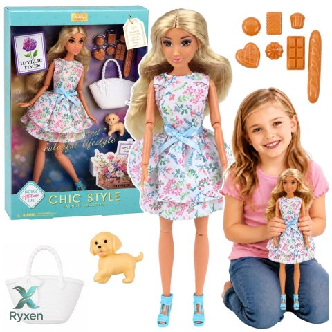 Lalka Anlily Fashion z Pieskiem Sukienka w Kwiaty Torba Przekąski Akcesoria LEAN TOYS