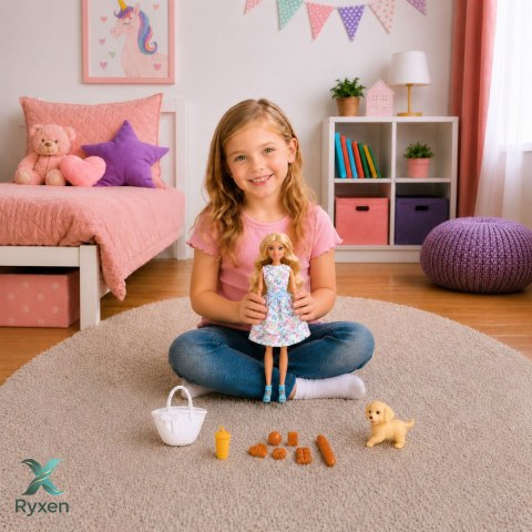 Lalka Anlily Fashion z Pieskiem Sukienka w Kwiaty Torba Przekąski Akcesoria LEAN TOYS