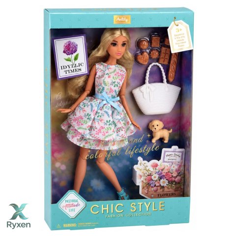 Lalka Anlily Fashion z Pieskiem Sukienka w Kwiaty Torba Przekąski Akcesoria LEAN TOYS