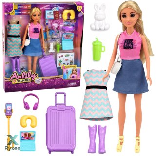 Lalka Anlily Podróżniczka Z Walizką Poduszka Podróżna Laptop Akcesoria LEAN TOYS