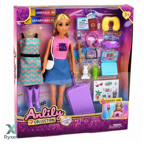 Lalka Anlily Podróżniczka Z Walizką Poduszka Podróżna Laptop Akcesoria LEAN TOYS