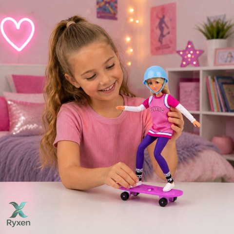 Lalka Anlily Z Fioletowa Deskorolką Skejterka Kask Długa Bluza Zestaw LEAN TOYS