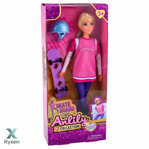 Lalka Anlily Z Fioletowa Deskorolką Skejterka Kask Długa Bluza Zestaw LEAN TOYS