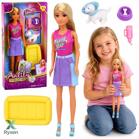 Lalka Anlily z Białym Pieskiem w Kołnierzu Legowisko Akcesoria Zestaw LEAN TOYS