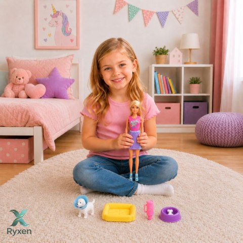 Lalka Anlily z Białym Pieskiem w Kołnierzu Legowisko Akcesoria Zestaw LEAN TOYS
