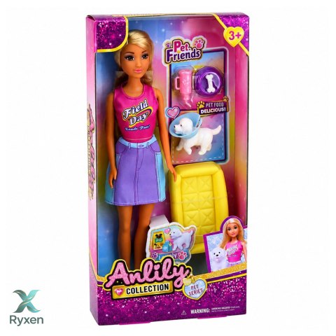 Lalka Anlily z Białym Pieskiem w Kołnierzu Legowisko Akcesoria Zestaw LEAN TOYS