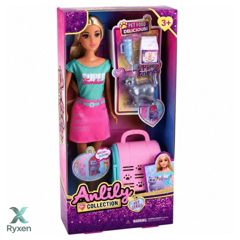 Lalka Anlily z Transporterem Dla Zwierzaka Kotek Szary Akcesoria Zestaw LEAN TOYS