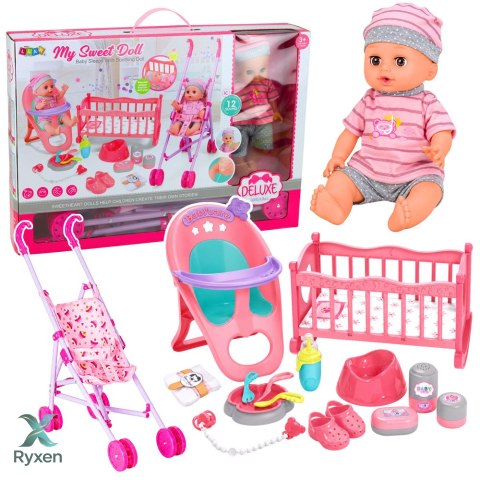 Zestaw Interaktywna Lalka Bobas Sika Płacze Wózek Kołyska Akcesoria 3w1 LEAN TOYS
