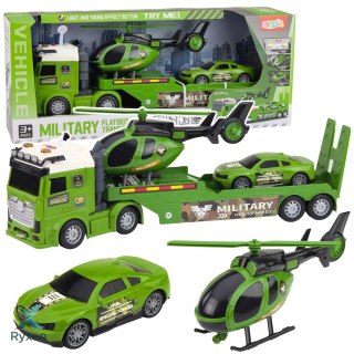 Zestaw Militarny Wojskowy Ciężarówka Laweta Auto Helikopter Światła Dźwięk LEAN TOYS