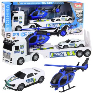 Zestaw Policyjny Ciężarówka Laweta Auto Helikopter Światła Dźwięk LEAN TOYS