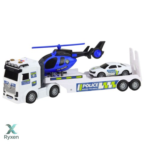 Zestaw Policyjny Ciężarówka Laweta Auto Helikopter Światła Dźwięk LEAN TOYS