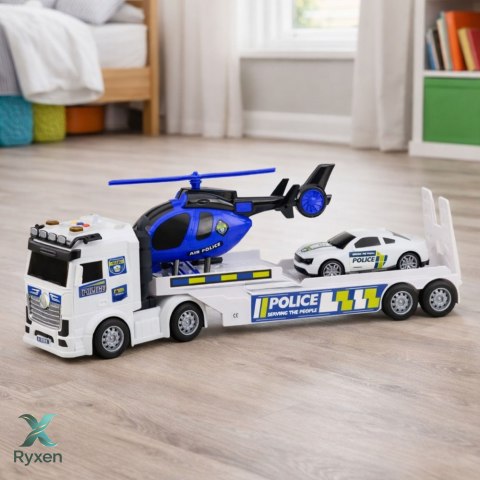 Zestaw Policyjny Ciężarówka Laweta Auto Helikopter Światła Dźwięk LEAN TOYS