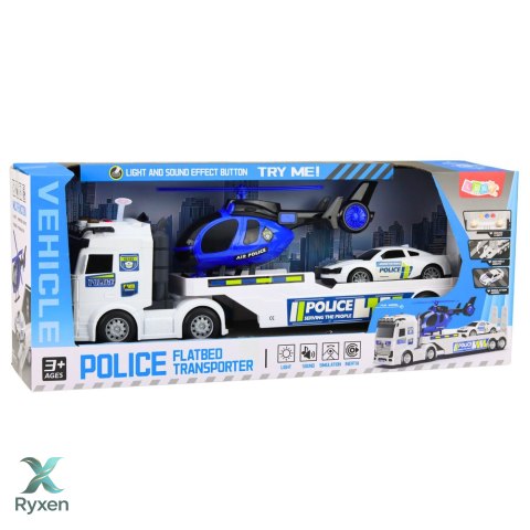 Zestaw Policyjny Ciężarówka Laweta Auto Helikopter Światła Dźwięk LEAN TOYS