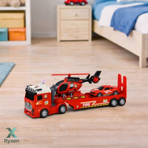 Zestaw Strażacki Ratunkowy Ciężarówka Laweta Auto Helikopter Światła Dźwięk LEAN TOYS