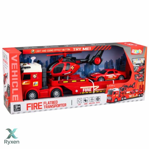 Zestaw Strażacki Ratunkowy Ciężarówka Laweta Auto Helikopter Światła Dźwięk LEAN TOYS