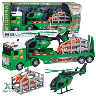 Zestaw Transport Dinozaura Ciężarówka Laweta Helikopter Światła Dźwięk LEAN TOYS