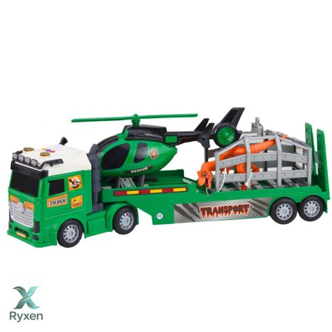 Zestaw Transport Dinozaura Ciężarówka Laweta Helikopter Światła Dźwięk LEAN TOYS