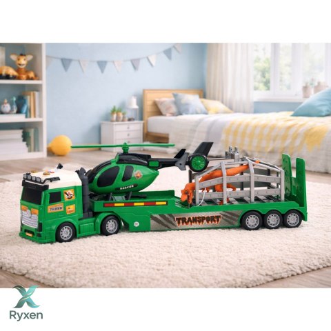 Zestaw Transport Dinozaura Ciężarówka Laweta Helikopter Światła Dźwięk LEAN TOYS