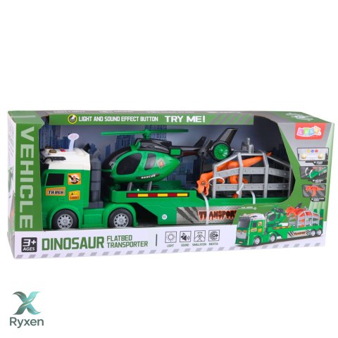 Zestaw Transport Dinozaura Ciężarówka Laweta Helikopter Światła Dźwięk LEAN TOYS