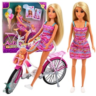 Lalka Anlily W Różowej Sukience Z Rowerem i Dzieckiem Fotelik Zestaw LEAN TOYS