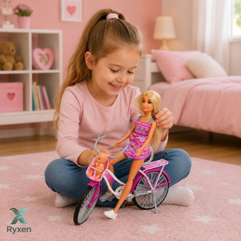 Lalka Anlily W Różowej Sukience Z Rowerem i Dzieckiem Fotelik Zestaw LEAN TOYS