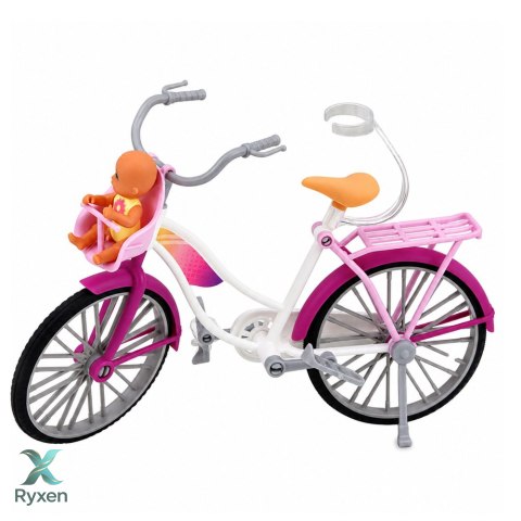 Lalka Anlily W Różowej Sukience Z Rowerem i Dzieckiem Fotelik Zestaw LEAN TOYS