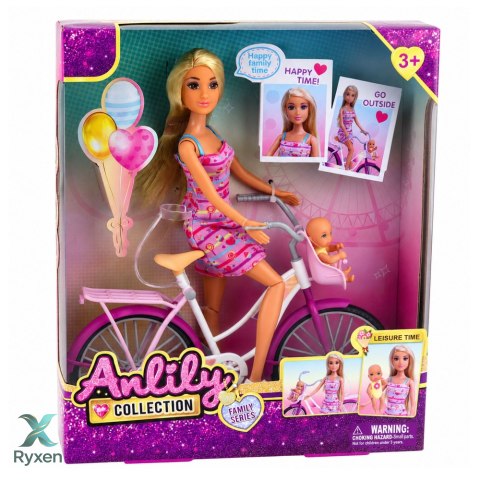 Lalka Anlily W Różowej Sukience Z Rowerem i Dzieckiem Fotelik Zestaw LEAN TOYS