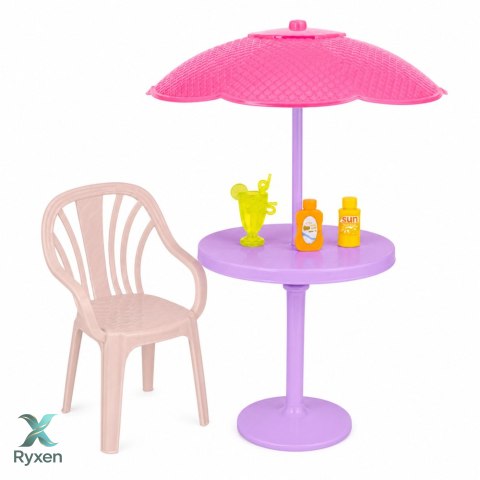 Lalka Anlily W Żółtej Sukience Z Kotek Meble Ogrodowe Parasol Akcesoria LEAN TOYS