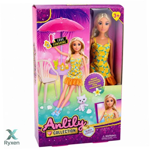 Lalka Anlily W Żółtej Sukience Z Kotek Meble Ogrodowe Parasol Akcesoria LEAN TOYS