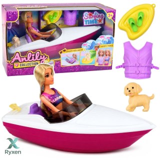 Lalka Anlily w Motorówce Piesek Szczeniak Kamizelka Deska Akcesoria Zestaw LEAN TOYS