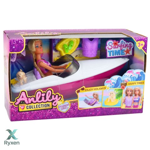 Lalka Anlily w Motorówce Piesek Szczeniak Kamizelka Deska Akcesoria Zestaw LEAN TOYS