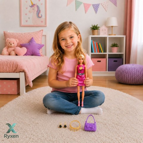Lalka Anlily w Różowej Sukience Torebka Biżuteria Akcesoria Zestaw LEAN TOYS