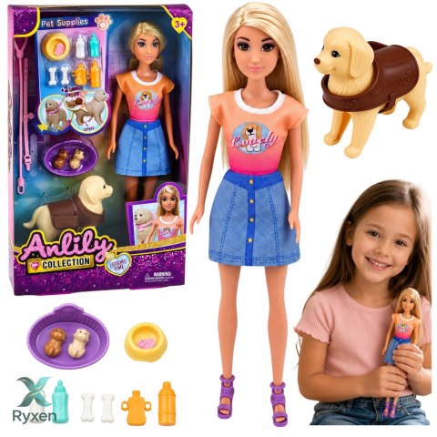 Lalka Anlily z Dużym Psem i Szczeniakami Akcesoria Do Opieki Zestaw LEAN TOYS