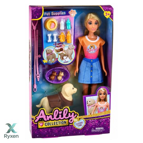Lalka Anlily z Dużym Psem i Szczeniakami Akcesoria Do Opieki Zestaw LEAN TOYS
