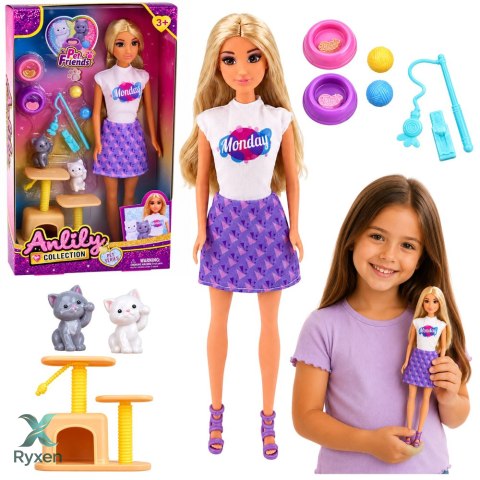 Lalka Anlily z Kotkami Drapak Akcesoria Dla Kotów Miski Zabawki Zestaw LEAN TOYS