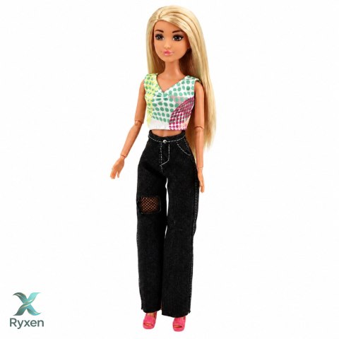 Lalka Modowa Anlily w Ciemnych Jeansach Kolorowy Top Blond Włosy LEAN TOYS